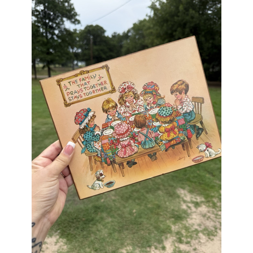Retro 70's Family Kids Food Prayer Wall Hanging Plaque Vintage Christian Prays